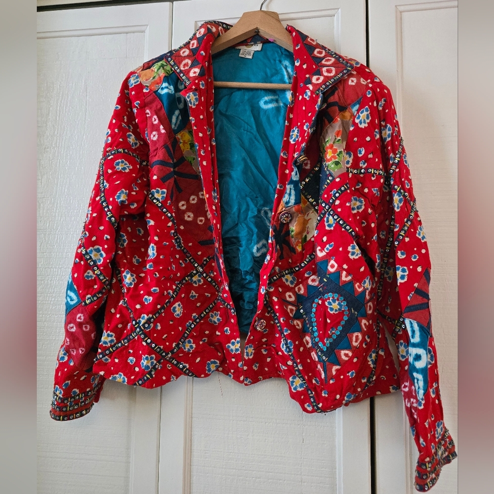 Vintage Sandy Starkman Quilted Patch Work Tie Dye Jacket India Rayon Size XL